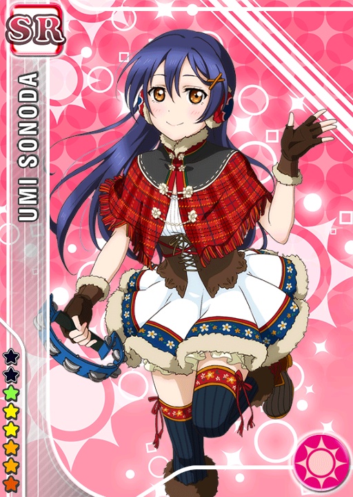blue_hair blush brown_eyes character_name dress fingerless_gloves gloves hairpins long_hair love_live!_school_idol_project smile sonoda_umi tambourine