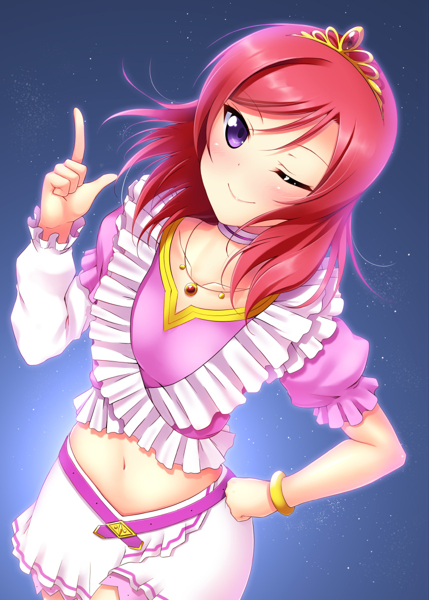 1girl bracelet collarbone hand_on_hip highres jewelry looking_at_viewer love_live!_school_idol_project midriff music_s.t.a.r.t!! navel necklace nishikino_maki one_eye_closed pointing pointing_up redhead short_hair smile solo tiara violet_eyes yu-ta