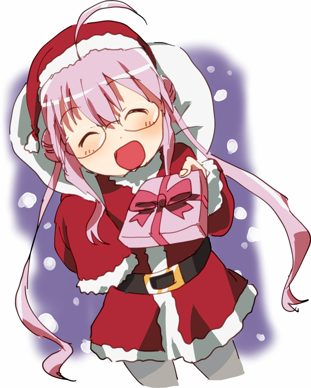 1girl :o ahoge blush buckle closed_eyes cowboy_shot double_bun gift glasses hachi_(8bit_canvas) hat holding_gift incoming_gift kantai_collection long_sleeves makigumo_(kantai_collection) pantyhose pink_hair santa_costume santa_hat sleeves_past_wrists twintails