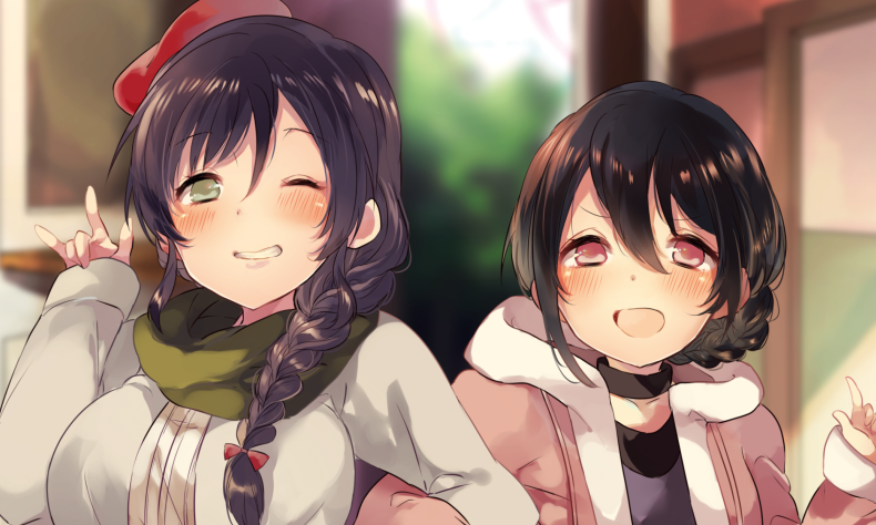 2girls :d \m/ blush braid breasts bust choker green_eyes grin hat looking_at_viewer love_live!_school_idol_project miseinen multiple_girls one_eye_closed open_mouth scarf single_braid smile toujou_nozomi winter_clothes winter_coat yazawa_nico