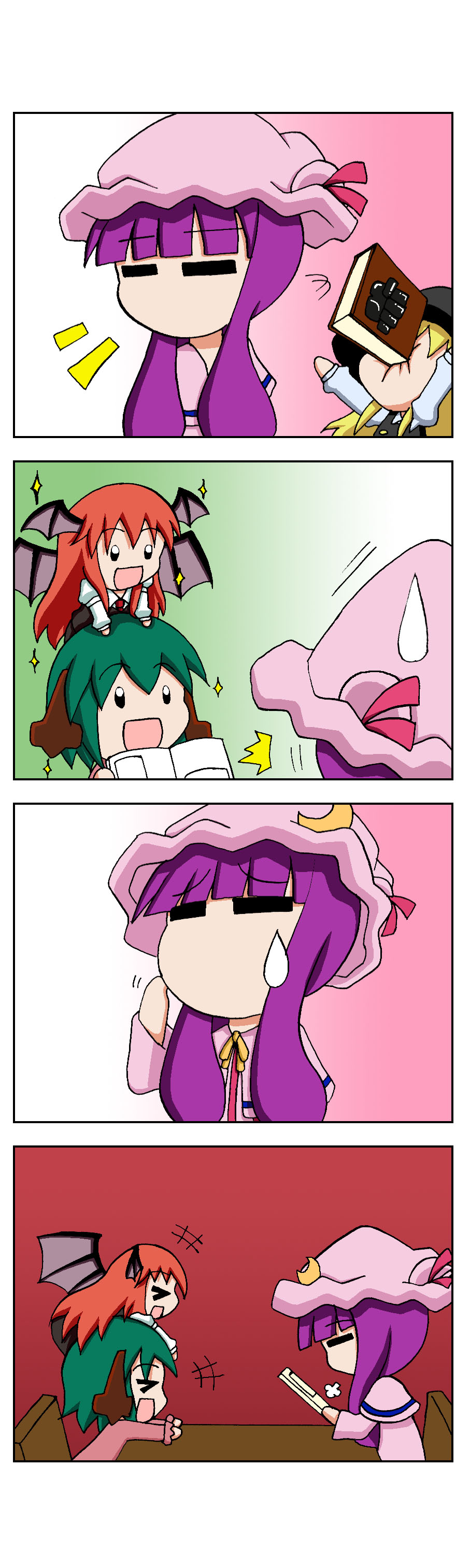 &gt;_&lt; +++ /\/\/\ 4girls 4koma :d =_= absurdres animal_ears bangs blonde_hair blunt_bangs book capelet chair chibi chibi_on_head children's_book clenched_hand closed_eyes comic crescent demon_girl demon_wings gradient gradient_background green_hair hand_on_own_face happy hat head_wings highres in_the_face juliet_sleeves kasodani_kyouko kirisame_marisa koakuma laughing long_hair long_sleeves minigirl mob_cap multiple_girls open_mouth patchouli_knowledge puffy_sleeves purple_hair rakugaki-biyori reading redhead short_hair sigh silent_comic simple_background sitting smile snort sparkle sweatdrop table touhou wings witch_hat xd