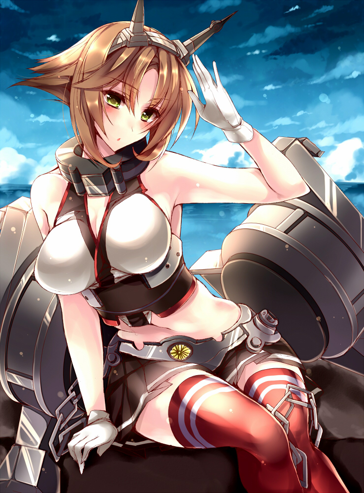 1girl amane_ruri arm_support blush breasts clouds gloves green_eyes headgear horizon kantai_collection large_breasts looking_at_viewer machinery midriff mutsu_(kantai_collection) navel ocean red_legwear short_hair sitting skirt sky solo thigh-highs white_gloves