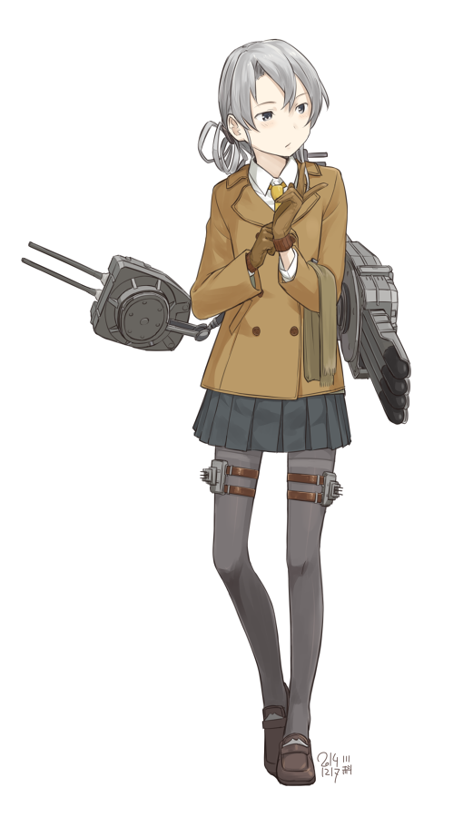 1girl artist_name asymmetrical_hair coat dated double-breasted full_body gloves grey_eyes kantai_collection kawashina_(momen_silicon) loafers long_sleeves miniskirt necktie nowaki_(kantai_collection) pantyhose pleated_skirt scarf shoes short_hair silver_hair simple_background skirt solo thigh_strap thighband_pantyhose white_background