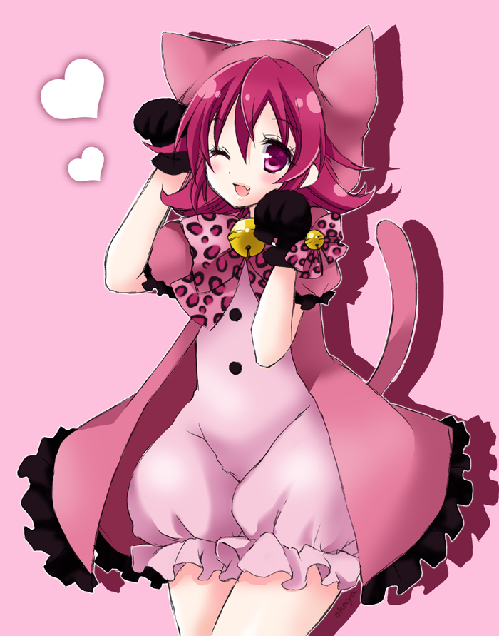 1girl ;d aida_mana animal_hood bell black_gloves cat_tail dokidoki!_precure fang gloves heart hood okayashi one_eye_closed open_mouth panther_pink_(precure) paw_pose pink_background pink_eyes pink_hair precure short_hair simple_background smile solo tail