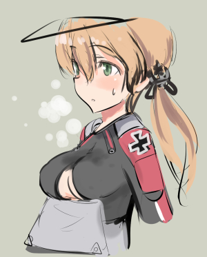 1girl adapted_costume anchor_hair_ornament black_ribbon blonde_hair blush breasts commentary_request green_background green_eyes hair_ornament hat iron_cross kantai_collection long_hair lowres military military_uniform no_bra peaked_cap prinz_eugen_(kantai_collection) ribbon shimada_fumikane simple_background solo sweatdrop twintails under_boob uniform