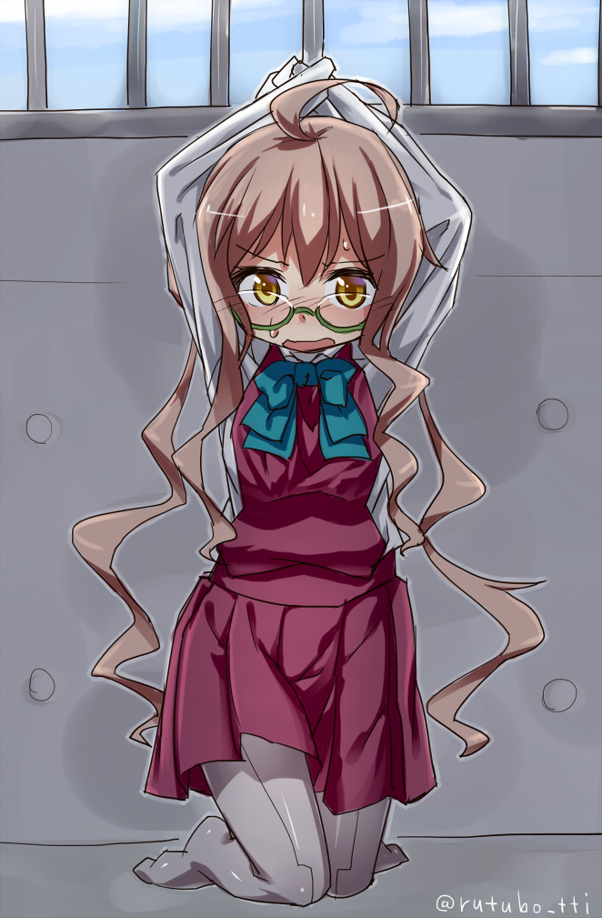 1girl ahoge arms_up brown_eyes brown_hair glasses kantai_collection long_hair long_sleeves makigumo_(kantai_collection) no_shoes oversized_shirt pantyhose restrained rutsubo sleeves_past_wrists solo tagme tied_sleeves twitter_username