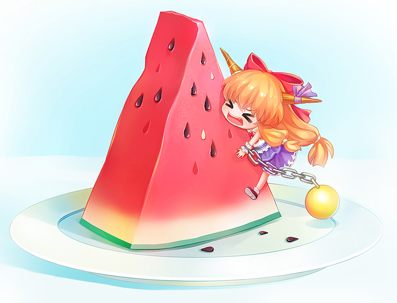 &gt;_&lt; 1girl :d ball blue_background bobby_socks bow chain chibi dy_(372127010) food fruit gradient gradient_background hair_bow horn_ribbon horns ibuki_suika long_hair minigirl open_mouth orange_hair plate ponytail purple_skirt ribbon seed shoes skirt sleeveless sleeveless_shirt smile socks solo touhou very_long_hair watermelon wrist_cuffs xd