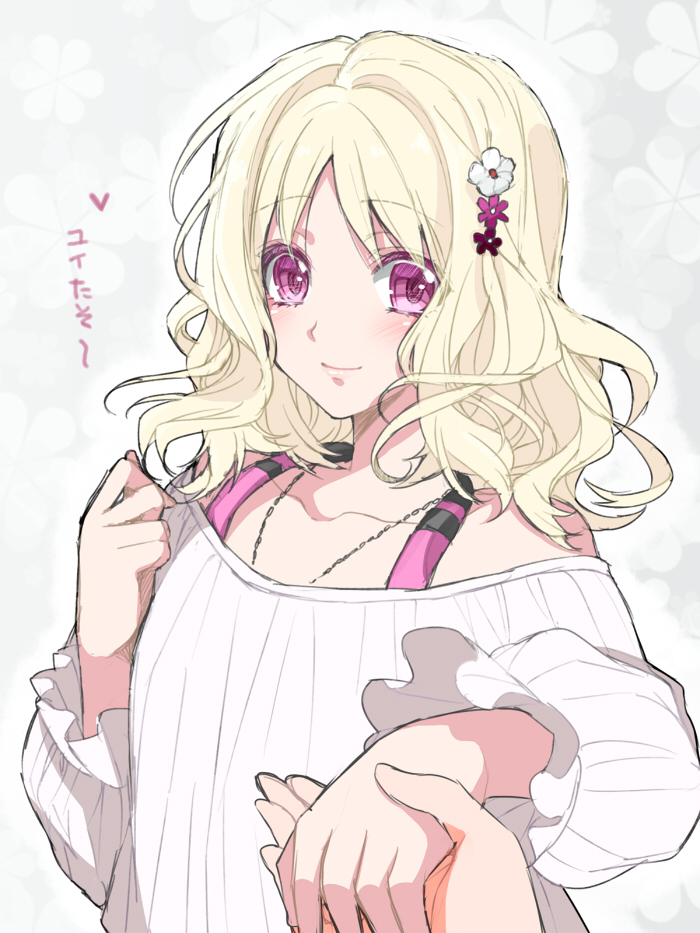 blonde_hair blush character_request copyright_request floral_background flower hair_flower hair_ornament holding_hands jewelry necklace off-shoulder_sweater pink_eyes ribbed_sweater sweater takatsuki_ichi translation_request wavy_hair