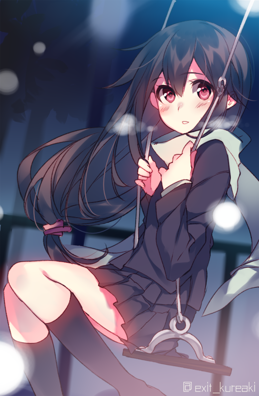 1girl black_hair blush breath hatsushimo_(kantai_collection) kantai_collection kneehighs long_hair looking_at_viewer low-tied_long_hair motyo1964 night pleated_skirt red_eyes scarf sitting skirt snow solo swing twitter_username very_long_hair
