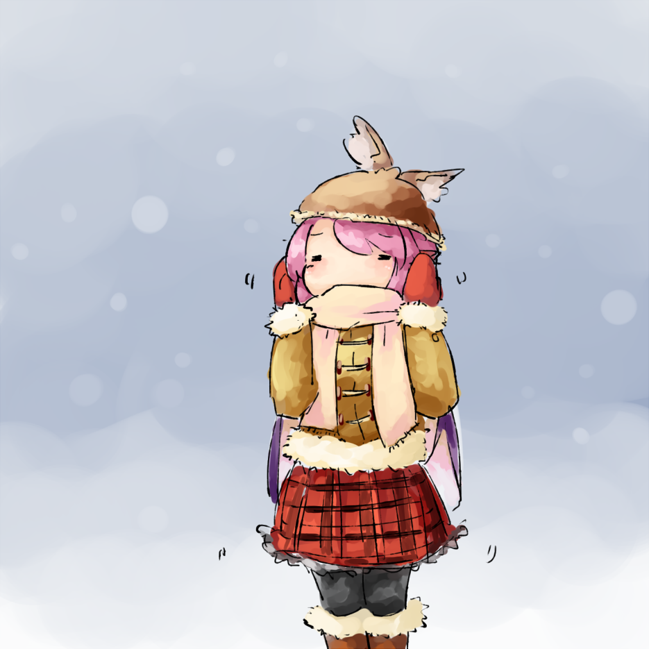 1girl alternate_costume animal_ears black_legwear boots checkered_shirt closed_eyes covered_mouth covering_ears fur_coat fur_trim hat mittens mystia_lorelei pink_hair scarf scarf_over_mouth shaking short_hair snow snowing solo touhou wings winter_clothes yaise