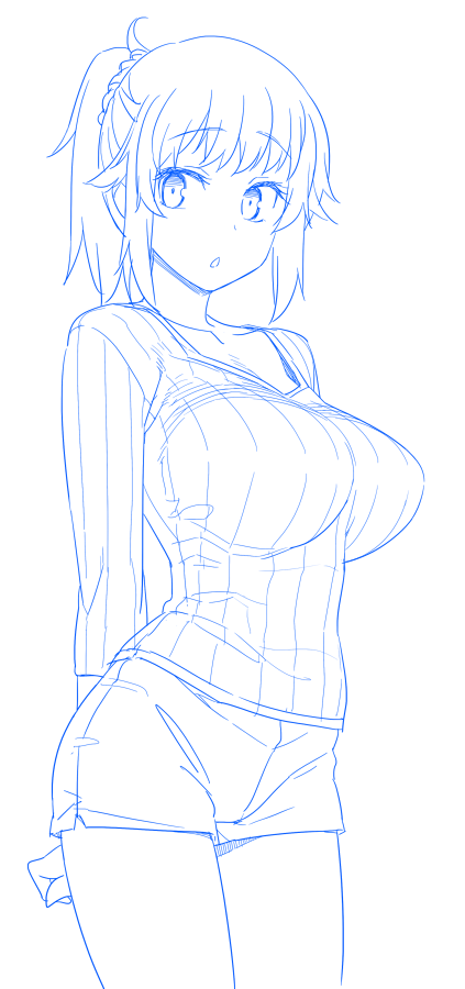 breasts gundam gundam_build_fighters gundam_build_fighters_try himura_kiseki hoshino_fumina large_breasts monochrome ponytail ribbed_sweater shorts sketch sweater