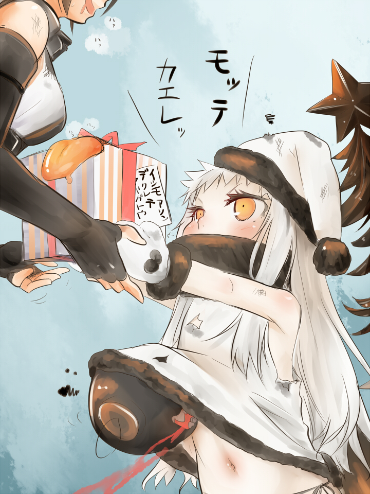 2girls akino_shuu bare_shoulders black_gloves box covered_mouth dress drooling elbow_gloves fingerless_gloves gift gift_box giving gloves hat horns kantai_collection long_hair mittens multiple_girls nagato_(kantai_collection) navel northern_ocean_hime orange_eyes santa_hat shinkaisei-kan squiggle torn_clothes translated white_dress white_gloves white_hair