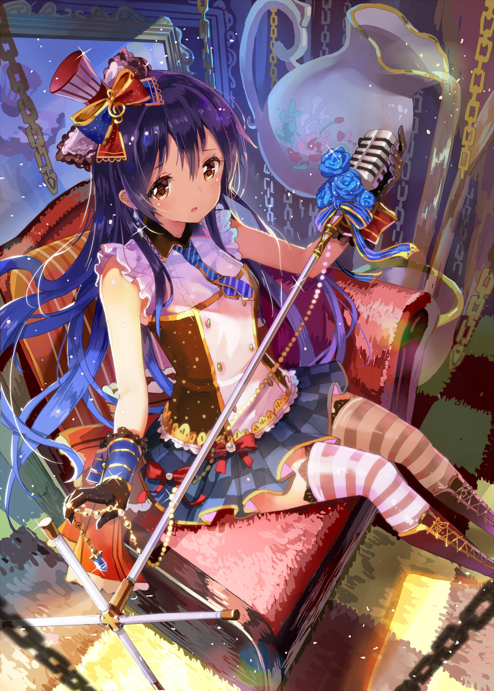 1girl 77gl black_gloves blue_hair blue_rose blush boots brown_eyes chain cross-laced_footwear flower gloves hat highres lace-up_boots long_hair looking_at_viewer love_live!_school_idol_project microphone microphone_stand mini_top_hat musical_note open_mouth rose sitting skirt solo sonoda_umi striped striped_legwear thigh-highs top_hat zettai_ryouiki