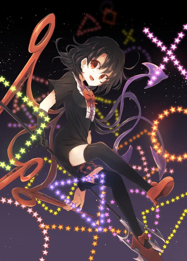 1girl asymmetrical_wings black_dress black_gloves black_hair black_legwear bow danmaku double_spoiler dress gloves high_heels hisona_(suaritesumi) houjuu_nue open_mouth polearm red_eyes short_hair short_sleeves smile solo spell_card thigh-highs touhou trident weapon wings zettai_ryouiki