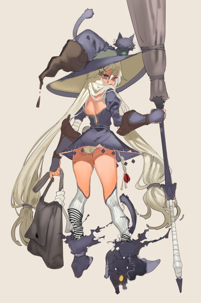 1girl absurdly_long_hair animal_on_head aruterra ass back_cutout bag black_cat blonde_hair boots broom cat cat_on_head from_behind full_body hat long_hair looking_back panties pantyshot pantyshot_(standing) ribbed_legwear sketch solo standing thigh-highs twintails underwear very_long_hair witch witch_hat