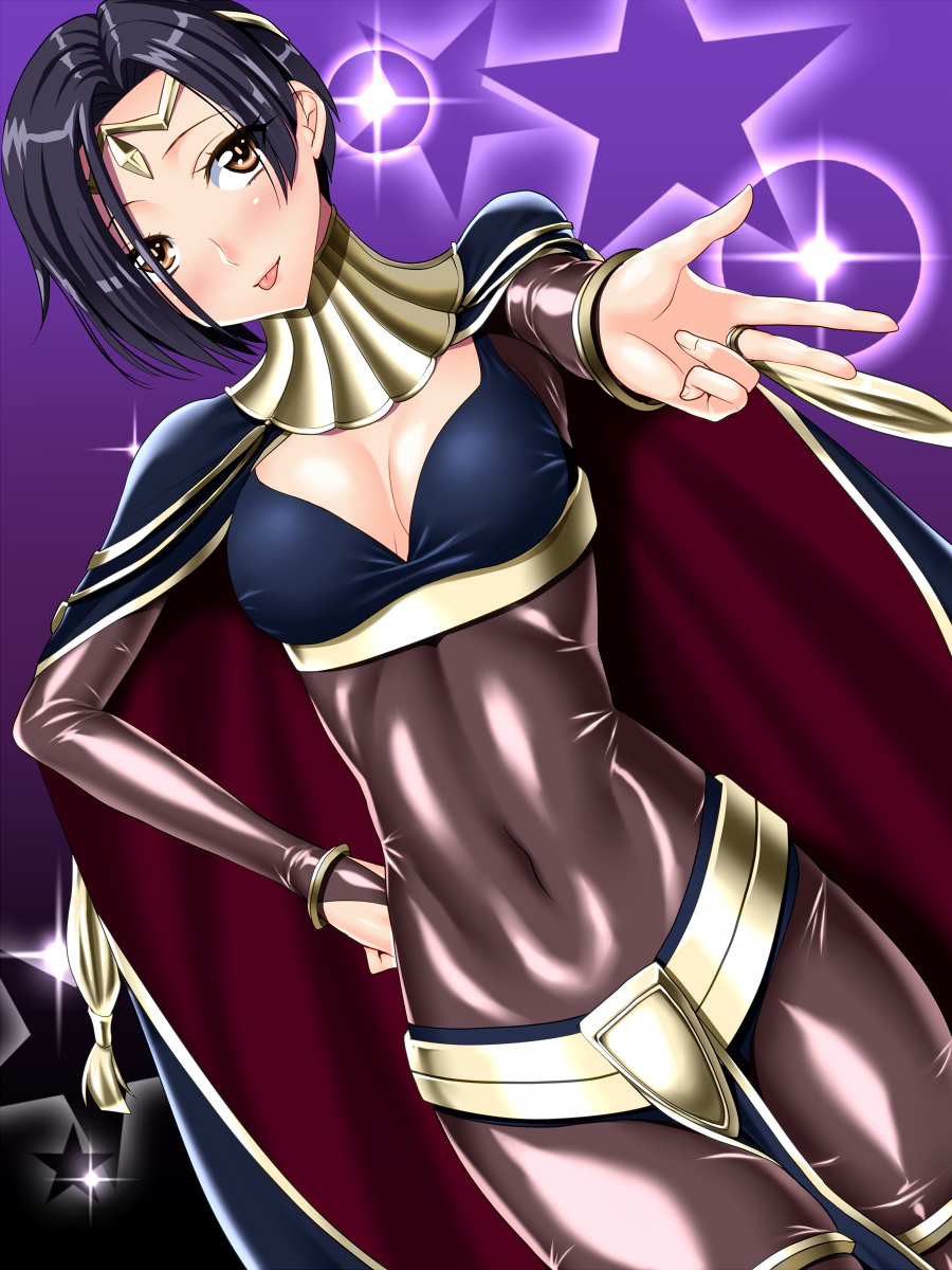 1girl :p anzu_(onelelee) black_hair blush bodysuit bracelet breasts bridal_gauntlets cape circlet cleavage cleavage_cutout cosplay covered_navel dutch_angle fire_emblem fire_emblem:_kakusei hand_on_hip highres jewelry kobayakawa_rinko love_plus outstretched_hand red_eyes short_hair skin_tight solo star tharja tharja_(cosplay) tongue tongue_out