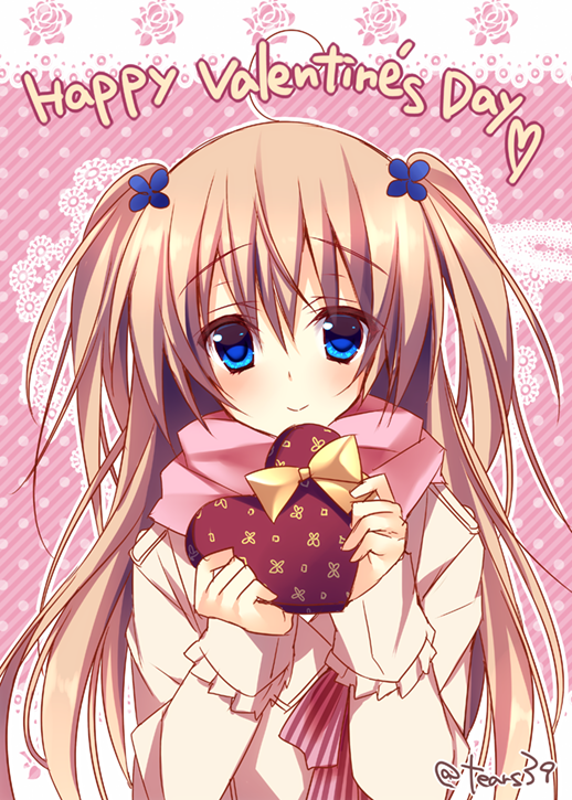 1girl blue_eyes box brown_hair chocolate chocolate_heart coat gift gift_box happy_valentine heart holding long_hair looking_at_viewer original scarf sky_(freedom) smile solo traene_(sorai_shin'ya) two_side_up valentine