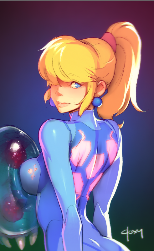 blonde_hair blue_eyes breast_press doxy earrings hair_over_one_eye jewelry looking_back metroid metroid_(creature) ponytail princess_peach samus_aran_(cosplay) smile zero_suit