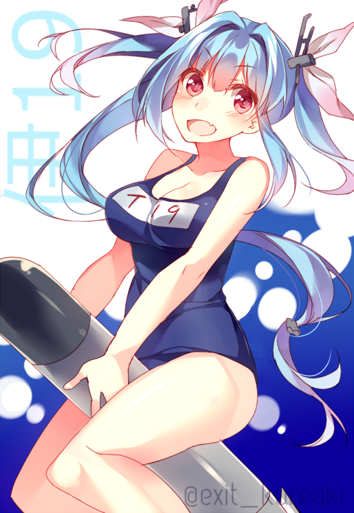 1girl between_legs between_thighs blue_hair breasts i-19_(kantai_collection) kantai_collection motyo1964 pink_eyes school_swimsuit swimsuit thighs torpedo twintails