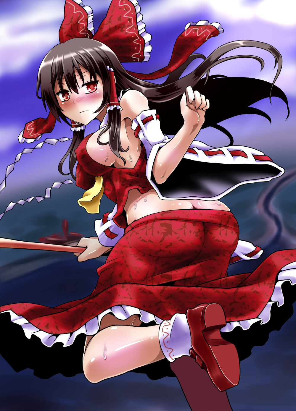 1girl ascot ass bare_shoulders black_hair blush bow breasts butt_crack detached_sleeves gohei hair_bow hair_tubes hakurei_reimu highres large_breasts lilish long_hair looking_at_viewer lowleg_skirt mary_janes payot red_eyes shoes sideboob solo touhou