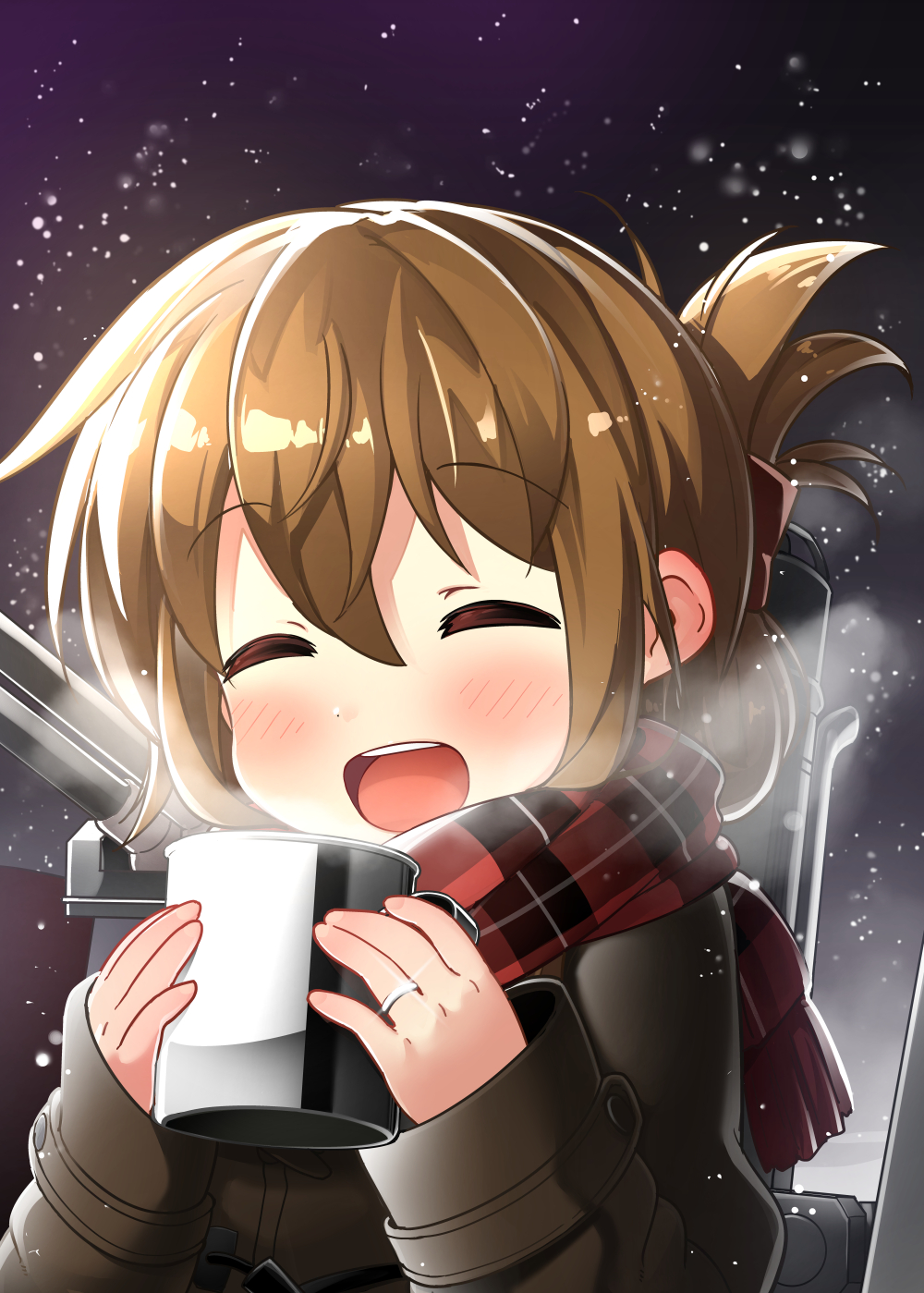1girl bell_(oppore_coppore) blush brown_hair bust cannon closed_eyes coffee_mug hair_up highres inazuma_(kantai_collection) jacket jewelry kantai_collection long_sleeves looking_at_viewer open_mouth ring scarf smile snowing solo wedding_band