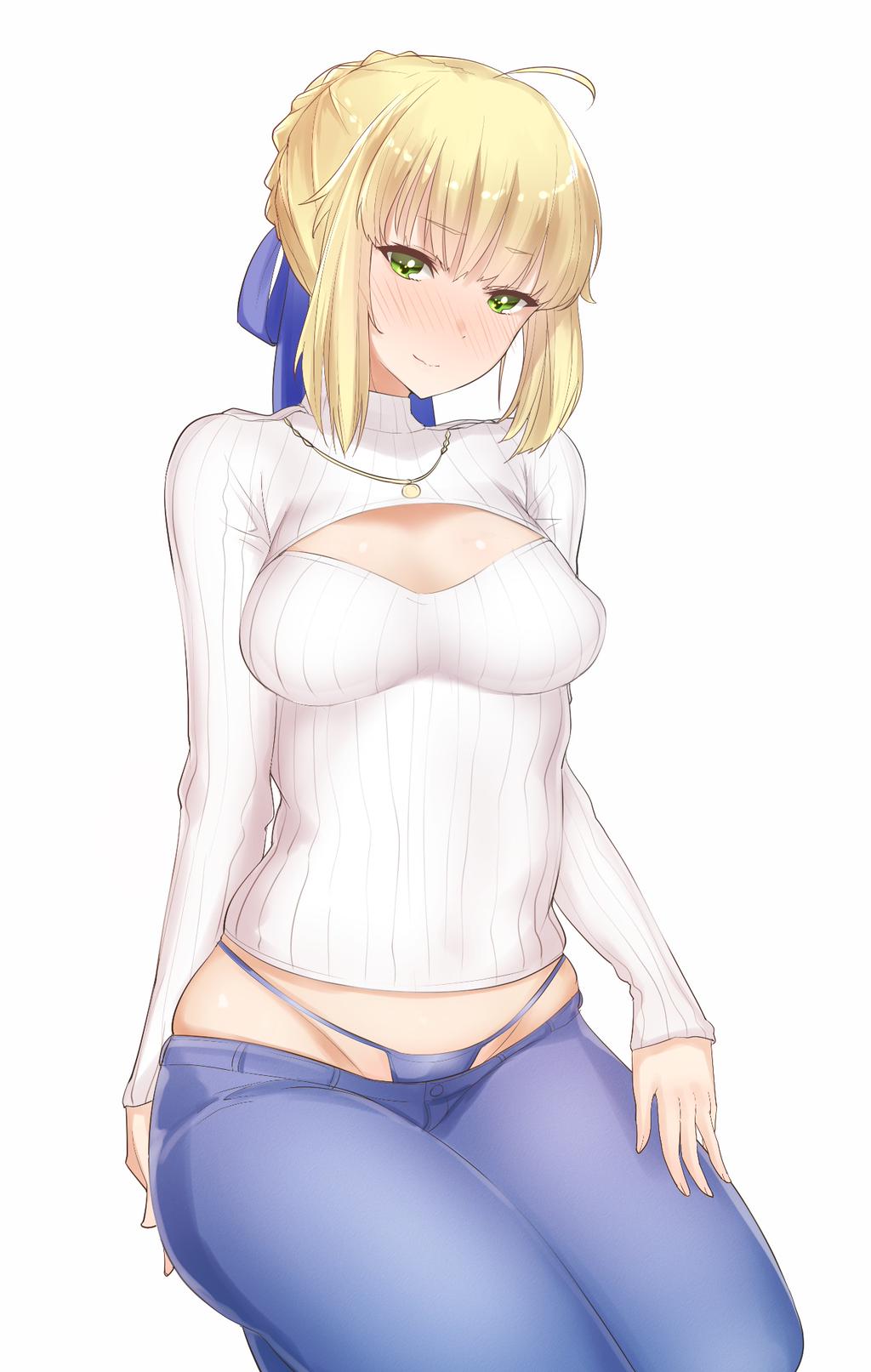 1girl ahoge alternate_costume bikini_jeans blush breasts cleavage_cutout denim fate/stay_night fate_(series) full-face_blush green_eyes highres jeans jewelry lowleg lowleg_pants necklace open-chest_sweater pants payot ribbed_sweater saber short_hair simple_background solo sweater turtleneck white_background yaman_(yamanta_lov)