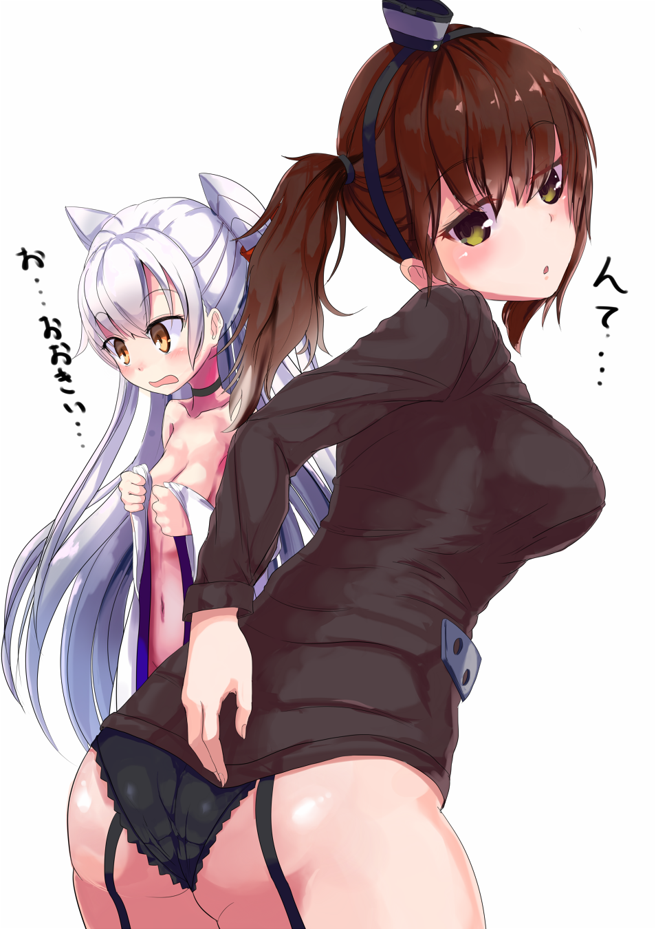 2girls amatsukaze_(kantai_collection) ass brown_eyes cosplay costume_switch highres kaga_(kantai_collection) kantai_collection multiple_girls panties side_ponytail silver_hair st_on translated twintails underwear yellow_eyes
