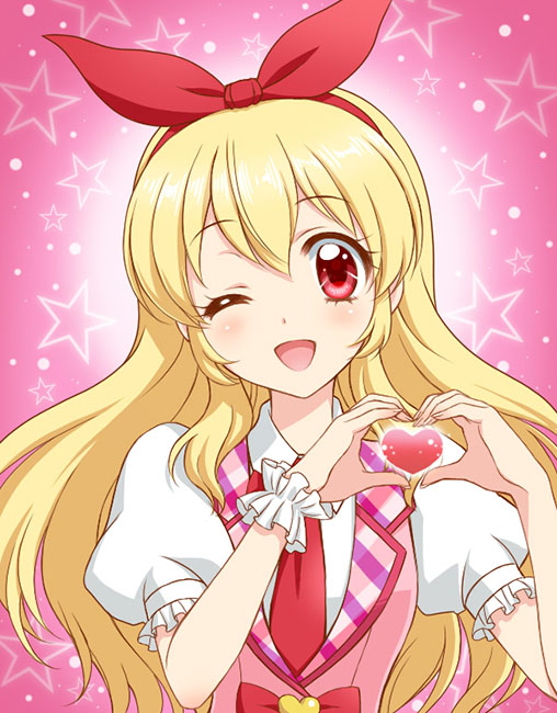 1girl ;d aikatsu! blonde_hair hair_ribbon heart heart_hands hoshimiya_ichigo kuroda_akimi long_hair looking_at_viewer one_eye_closed open_mouth red_eyes ribbon smile solo star