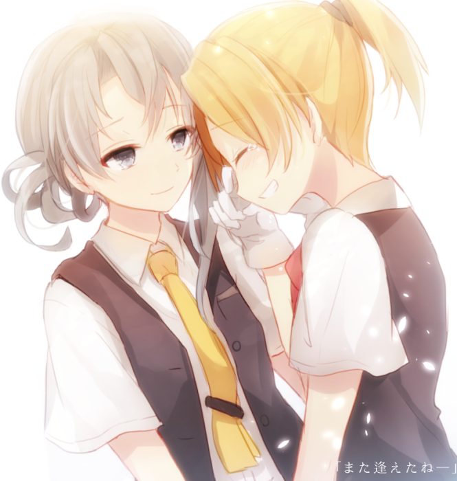 2girls asymmetrical_hair bangs collared_shirt flipped_hair gloves grey_eyes happy_tears hiiragisouren kantai_collection maikaze_(kantai_collection) multiple_girls necktie nowaki_(kantai_collection) open_clothes open_vest ponytail short_hair short_ponytail silver_hair simple_background smile swept_bangs tears tie_clip vest white_background white_gloves wiping_tears