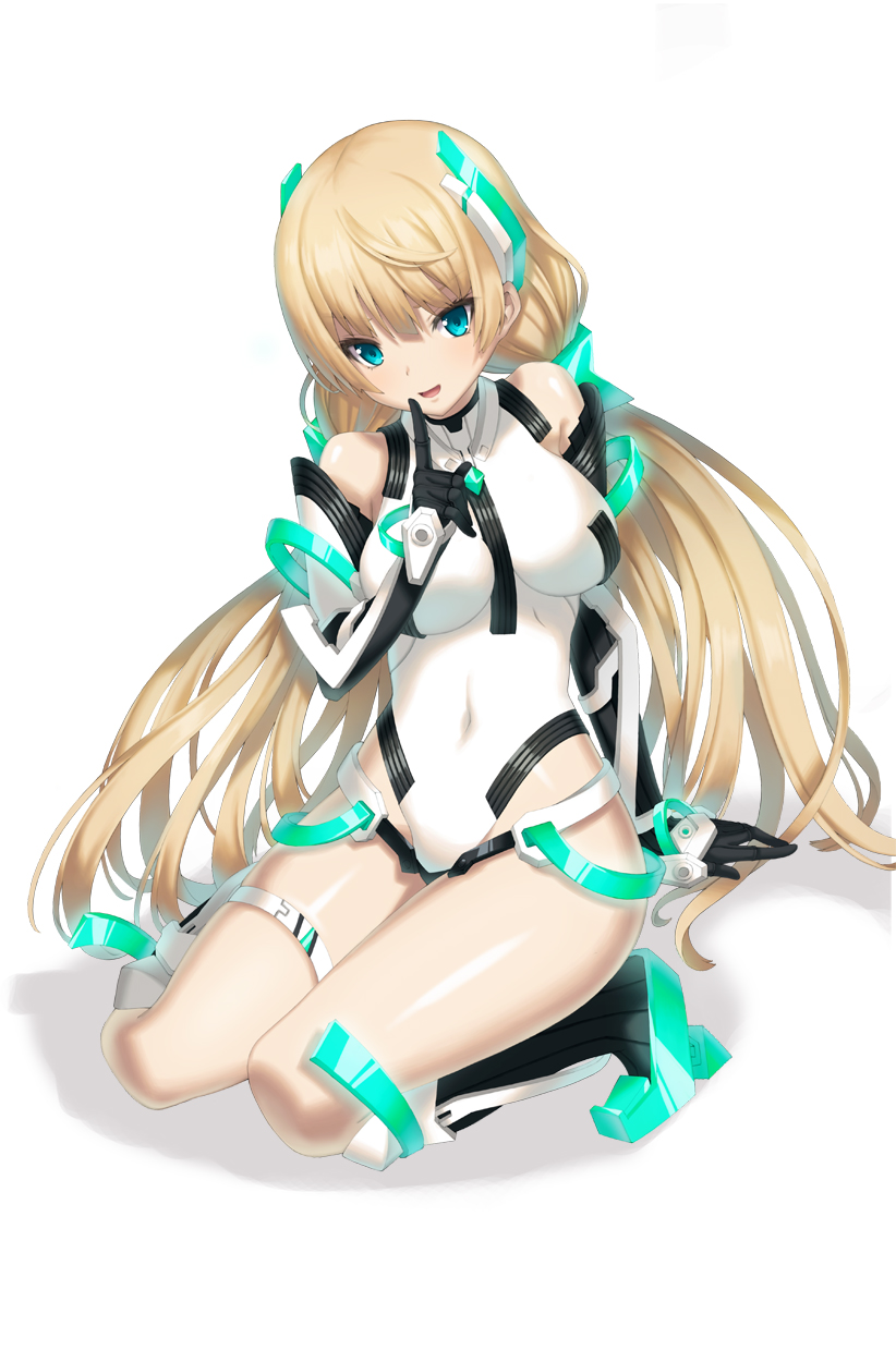 1girl angela_balzac arm_support bare_shoulders blonde_hair blue_eyes bodysuit breasts covered_navel elbow_gloves expelled_from_paradise finger_to_mouth gloves headgear highres leotard long_hair low_twintails s-goon shushing sitting solo thigh_strap twintails very_long_hair wariza