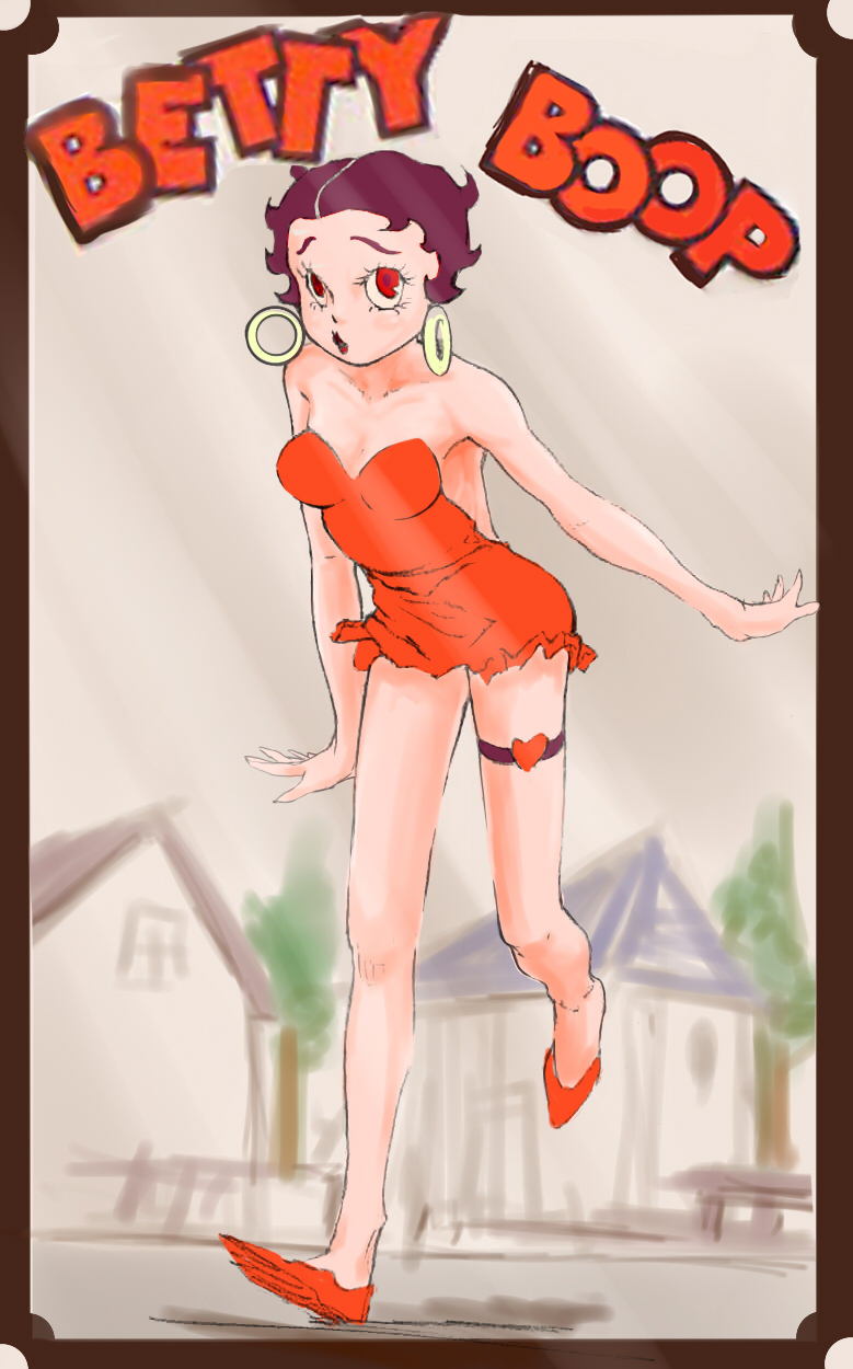 1girl bare_shoulders betty_boop betty_boop_(character) black_hair border breasts character_name cocktail_dress dress earrings heart highres hoop_earrings jewelry long_legs red_dress red_eyes red_shoes running shoes short_hair solo strapless_dress thigh_strap yossan