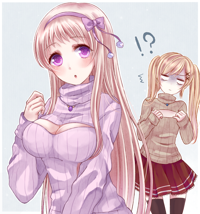 !? /\/\/\ 2girls :o axis_powers_hetalia black_legwear blank_eyes blonde_hair blush border bow breast_envy breasts cleavage cleavage_cutout flat_chest genderswap hair_ornament hairband hairclip inazuma11a jewelry large_breasts long_hair long_sleeves multiple_girls necklace open-chest_sweater open_mouth pleated_skirt pom_pom_(clothes) red_skirt ribbed_sweater russia_(hetalia) shaded_face skirt sleeves_past_wrists sweater thigh-highs turn_pale turtleneck united_kingdom_(hetalia) violet_eyes zettai_ryouiki