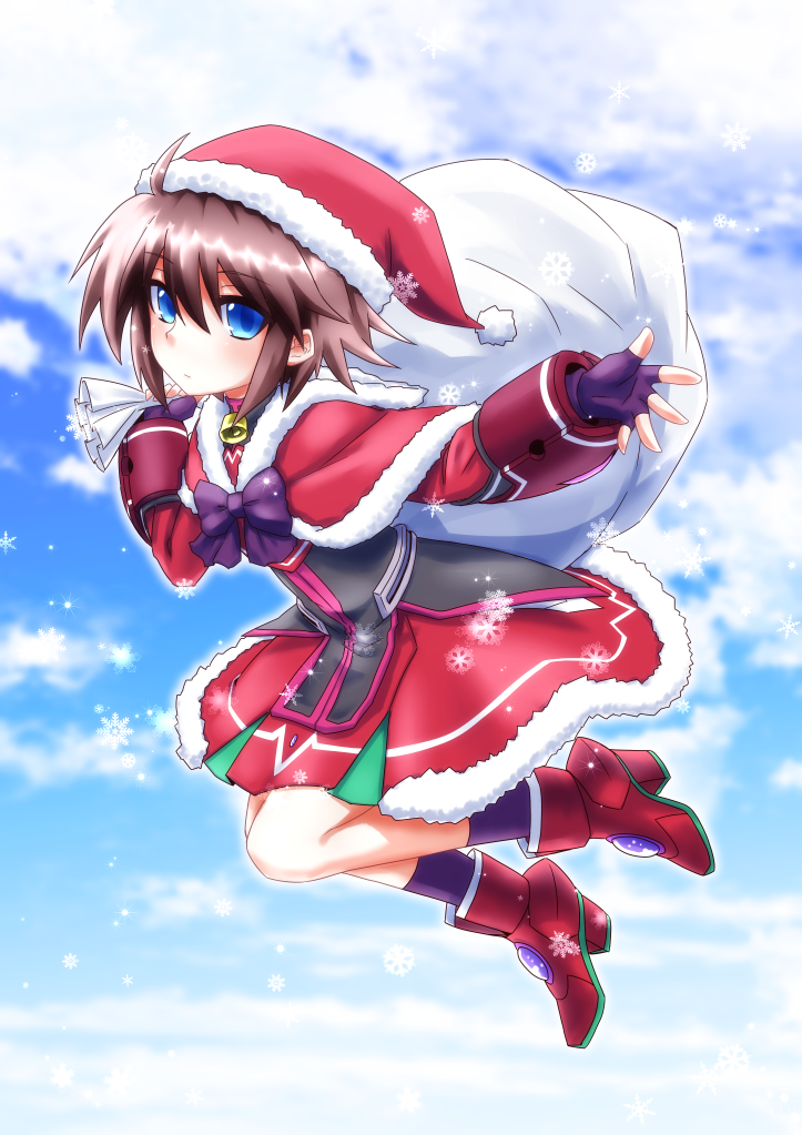 1girl bag blue_eyes blush boots bowtie brown_hair clouds dress fingerless_gloves gloves hat holding looking_at_viewer lyrical_nanoha mahou_shoujo_lyrical_nanoha_innocent material-s mizunashi_(second_run) purple_legwear red_dress santa_costume santa_hat sky snow socks solo stern_starks