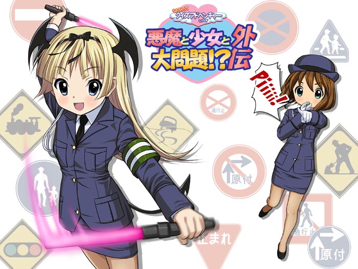 2girls armband blonde_hair brown_hair female_service_cap hat head_wings long_hair multiple_girls original pantyhose pencil_skirt police police_uniform policewoman ryunnu sheer_legwear short_hair skirt tail traffic_baton uniform