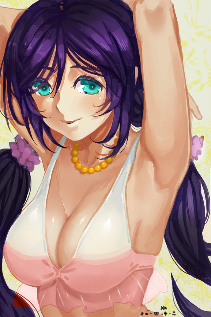 1girl armpits arms_up bikini blush breasts cleavage green_eyes large_breasts long_hair looking_at_viewer love_live!_school_idol_project purple_hair shuizhanglang smile solo swimsuit toujou_nozomi twintails
