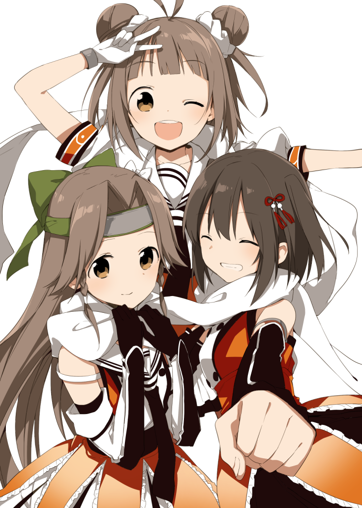 3girls ;d arm_up black_gloves blush bow brown_eyes brown_hair closed_eyes detached_sleeves double_bun elbow_gloves gloves grin hair_bow hair_ornament headband jintsuu_(kantai_collection) kantai_collection long_hair looking_at_viewer multiple_girls naka_(kantai_collection) one_eye_closed open_mouth outstretched_arm rin_(royal) scarf school_uniform sendai_(kantai_collection) serafuku shared_scarf short_hair simple_background smile v white_background white_gloves