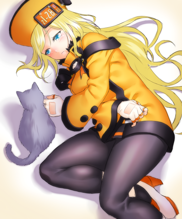 1girl black_gloves black_legwear blonde_hair blue_eyes cat fingerless_gloves gloves guilty_gear guilty_gear_xrd hat long_hair lying millia_rage on_side onsoku_maru pantyhose solo very_long_hair white_gloves