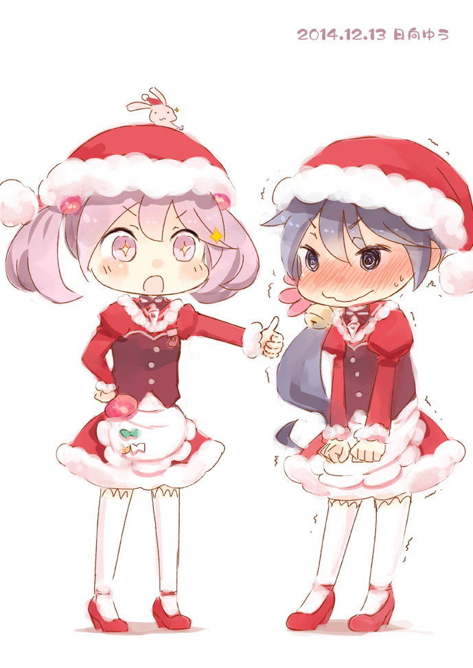 2girls akebono_(kantai_collection) apron blush christmas hat hinata_yuu kantai_collection multiple_girls pink_eyes pink_hair purple_hair santa_costume santa_hat sazanami_(kantai_collection) side_ponytail thigh-highs thumbs_up twintails violet_eyes