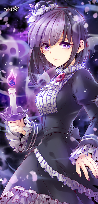 1girl asymmetrical_hair bangs black_dress black_hair blackberry_cookie blunt_bangs bow candle cookie_run dress flame lolita_fashion long_hair long_sleeves looking_at_viewer multicolored_hair nail_polish purple_hair short_hair side_ponytail solo violet_eyes zenyu