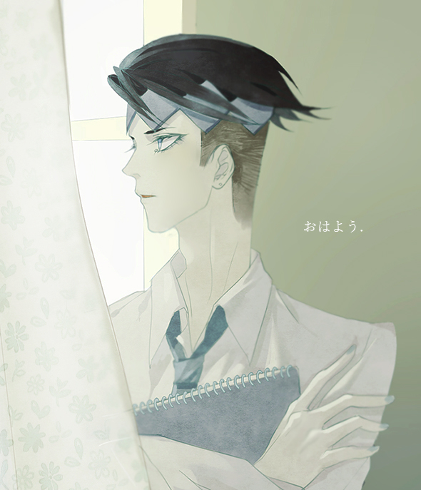 1boy _canto black_hair book book_hug curtained_hair curtains headband holding holding_book jojo_no_kimyou_na_bouken kishibe_rohan necktie sketchbook solo