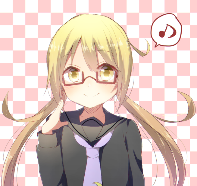 1girl bespectacled black_serafuku blonde_hair blush bust checkered checkered_background glasses harusawa kantai_collection long_sleeves looking_at_viewer low_twintails musical_note neckerchief red-framed_glasses sailor_collar satsuki_(kantai_collection) school_uniform semi-rimless_glasses serafuku smile solo spoken_musical_note twintails under-rim_glasses yellow_eyes