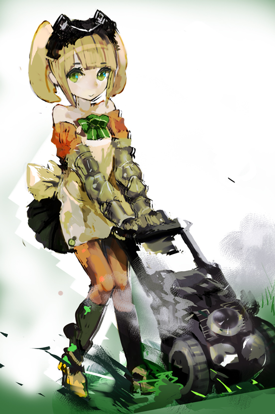 1girl brown_hair dutch_angle gloves green_eyes lawnmower looking_at_viewer original pantyhose solo uturo white_background