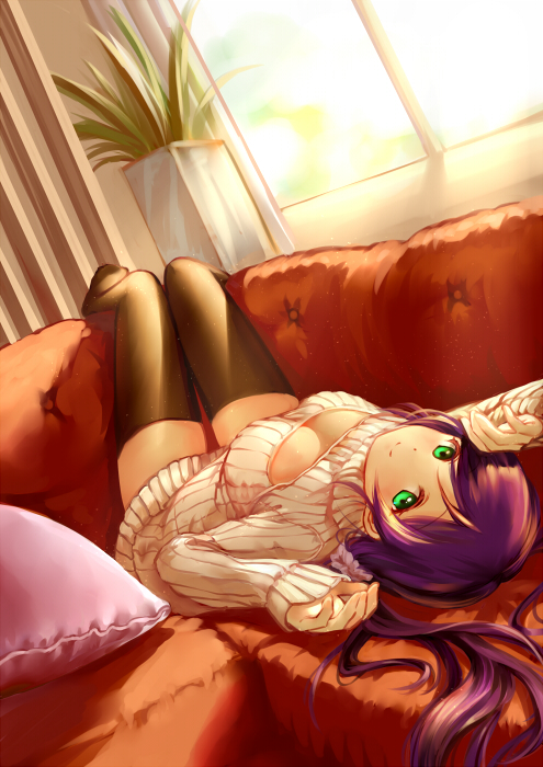 1girl black_legwear breasts cleavage cleavage_cutout clouble couch green_eyes long_hair looking_at_viewer love_live!_school_idol_project lying on_back open-chest_sweater pillow purple_hair ribbed_sweater solo sunlight sweater thigh-highs toujou_nozomi turtleneck window