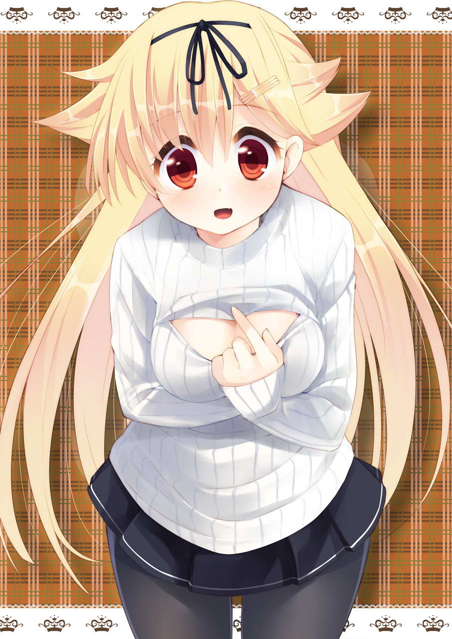 1girl alternate_costume blonde_hair breasts cleavage cleavage_cutout hair_ribbon highres kantai_collection long_hair nigo_(aozoragarou) open-chest_sweater pantyhose red_eyes ribbed_sweater ribbon skirt solo sweater turtleneck yuudachi_(kantai_collection)