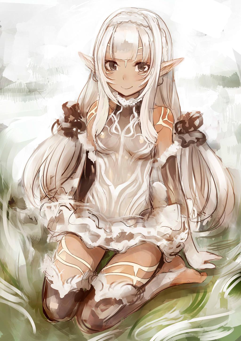 1girl bare_shoulders breasts brown_eyes dark_skin elbow_gloves gloves hairband highres long_hair looking_at_viewer original payot pointy_ears ricci sitting sketch smile solo toeless_legwear wariza white_hair