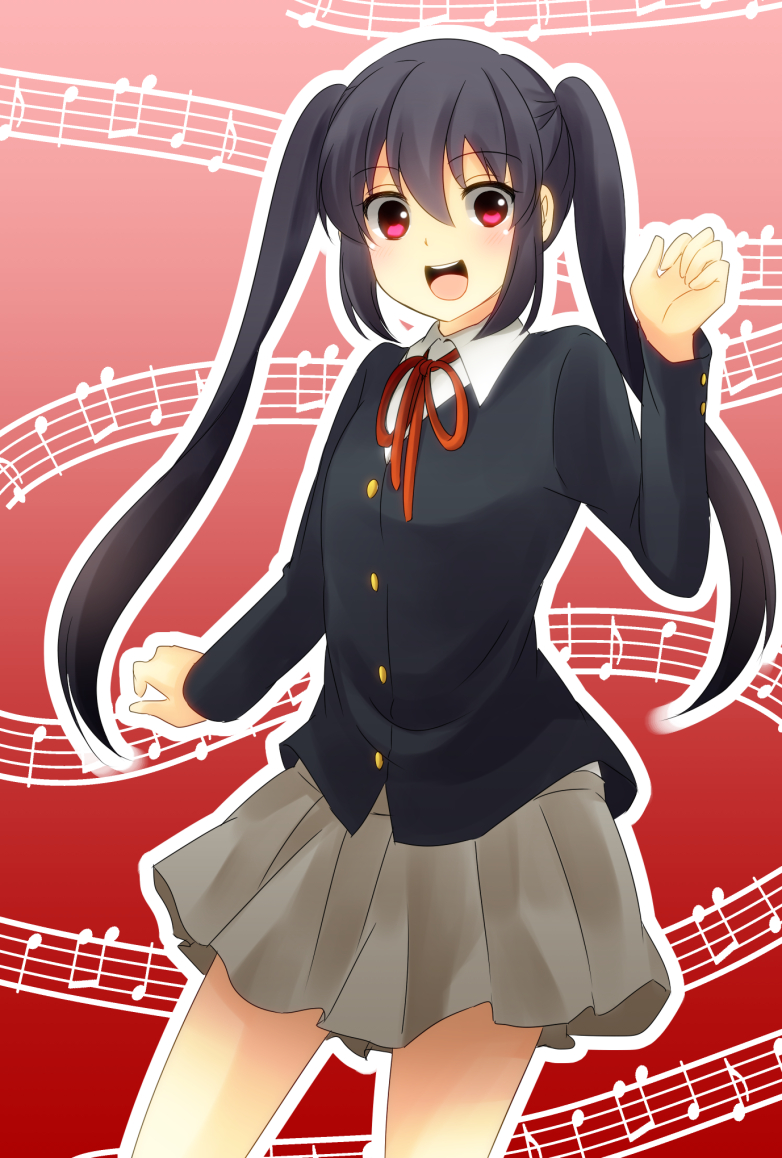 1girl black_hair k-on! long_hair nakano_azusa open_mouth red_eyes sakuno_ririsu school_uniform twintails