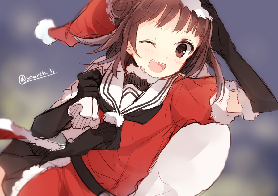 1girl ;d brown_eyes brown_hair double_bun elbow_gloves gloves hand_on_headwear hat hiiragisouren kantai_collection naka_(kantai_collection) one_eye_closed open_mouth sailor_collar santa_costume santa_hat short_hair smile solo twitter_username