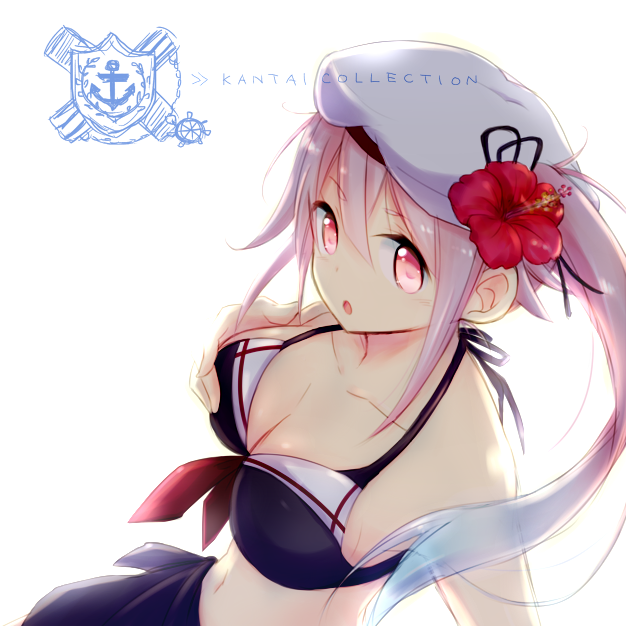 1girl :o adapted_costume beret bikini black_bikini breasts cleavage copyright_name flower hair_flower hair_ornament hand_on_own_chest harusame_(kantai_collection) hat hibiscus kantai_collection looking_at_viewer navel pink_eyes pink_hair shiki_(kurotoshiki) side_ponytail simple_background solo swimsuit white_background