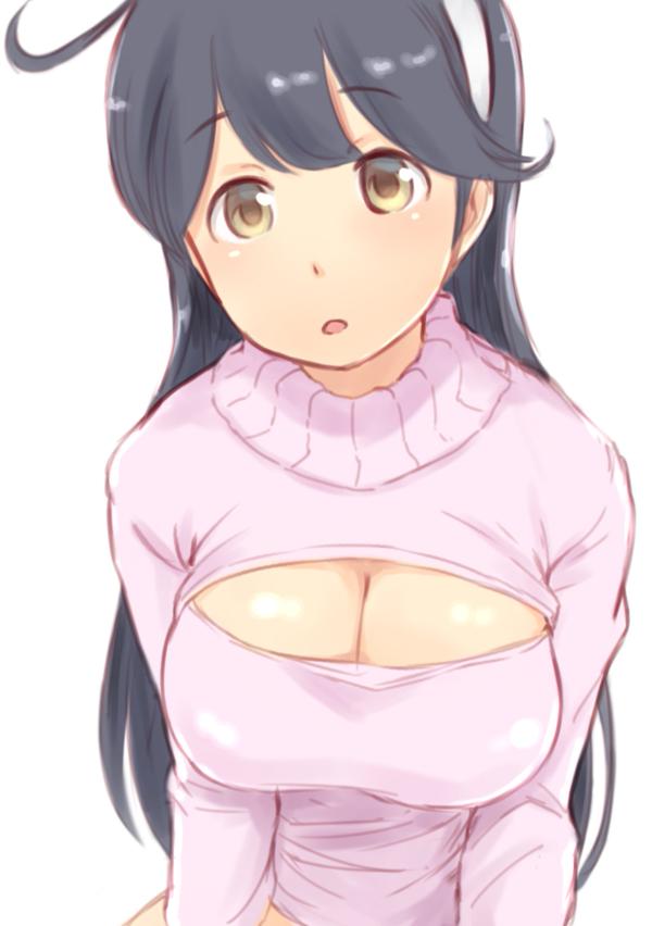 1girl ahoge black_hair breasts bust cleavage cleavage_cutout hairband kantai_collection long_hair looking_at_viewer open-chest_sweater simple_background solo turtleneck ushio_(kantai_collection) wa_(genryusui) white_background yellow_eyes