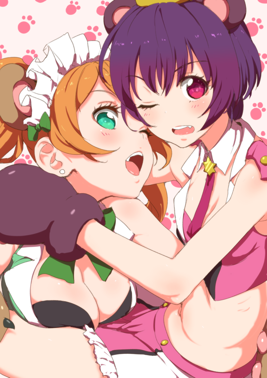 2girls animal_ears bear_ears bear_paws black_hair blush bow breasts brown_hair clearite cleavage fang green_eyes highres long_hair looking_at_viewer maid_headdress multiple_girls necktie one_eye_closed open_mouth pink_eyes short_hair twintails yuri yuri_kuma_arashi yurigasaki_lulu yurishiro_ginko